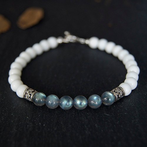 Men's Labradorite and Tridacna Beaded Bracelet with Sterling Silver Charms 6.5"-8.5"