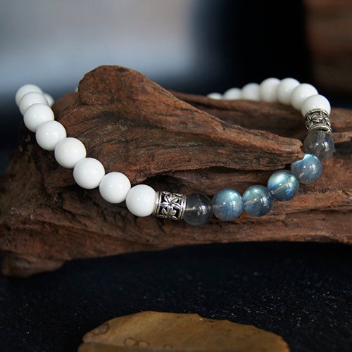 Men's Labradorite and Tridacna Beaded Bracelet with Sterling Silver Charms 6.5"-8.5"