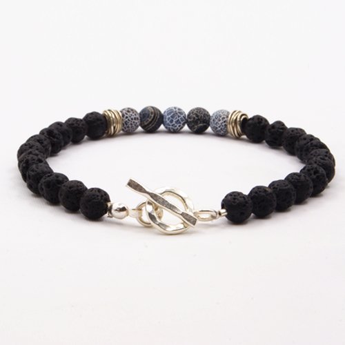 Men's Lava Stone Beaded Bracelet with Sterling Silver Charms and Clasp 6.5"-8.5"