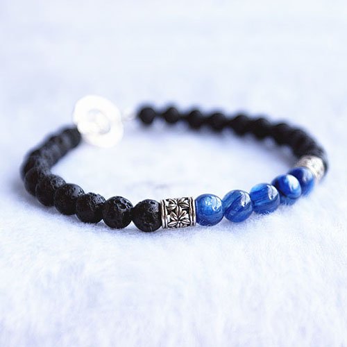 Men's Blue Apatite Gemstone and Lava Stone Beaded Bracelet with Sterling Silver Charms and Clasp 6.5"-8.5"