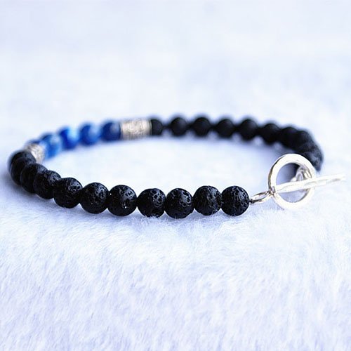 Men's Blue Apatite Gemstone and Lava Stone Beaded Bracelet with Sterling Silver Charms and Clasp 6.5"-8.5"