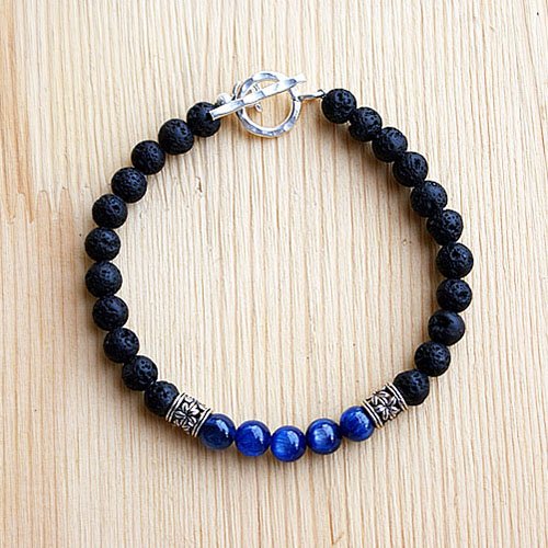 Men's Blue Apatite Gemstone and Lava Stone Beaded Bracelet with Sterling Silver Charms and Clasp 6.5"-8.5"