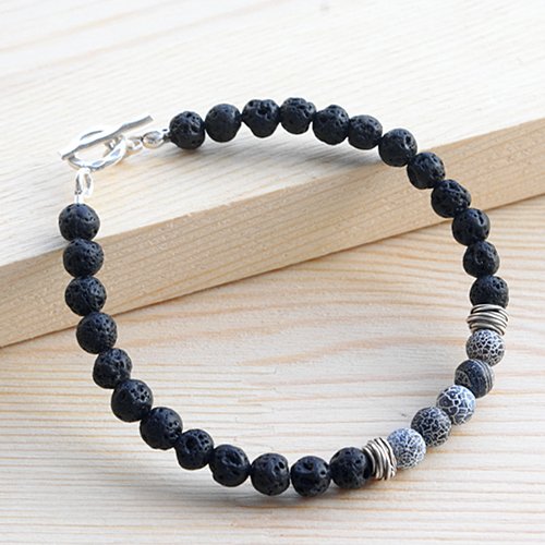 Men's Lava Stone Beaded Bracelet with Sterling Silver Charms and Clasp 6.5"-8.5"