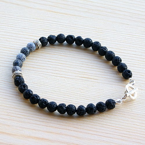 Men's Lava Stone Beaded Bracelet with Sterling Silver Charms and Clasp 6.5"-8.5"