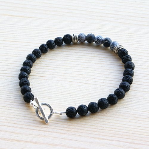 Men's Lava Stone Beaded Bracelet with Sterling Silver Charms and Clasp 6.5"-8.5"