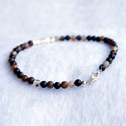 Men's Onyx Slim Beaded Bracelet with Sterling Silver Charms and Claps 6.5"-8.5"