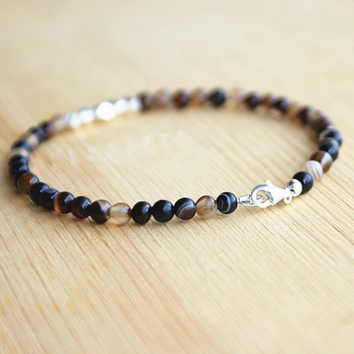 Men's Onyx Slim Beaded Bracelet with Sterling Silver Charms and Claps 6.5"-8.5"