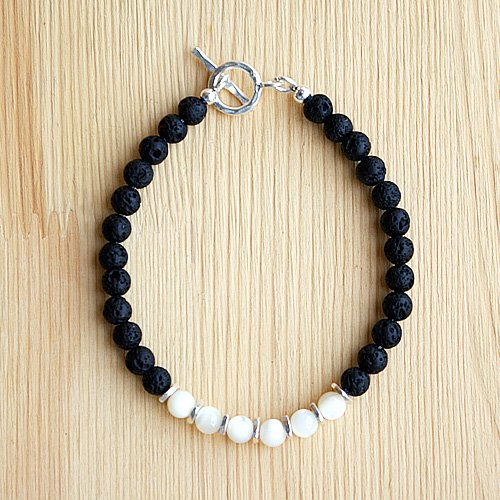 Men's Shell and Lava Stone Beaded Bracelet with Sterling Silver Charms and Claps 6.5"-8.5"