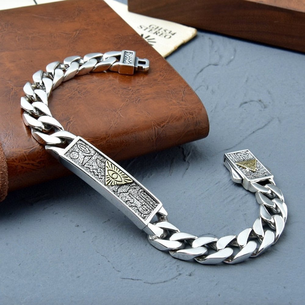 Men's Sterling Silver All-Seeing-Eye Curb Chain Bracelet