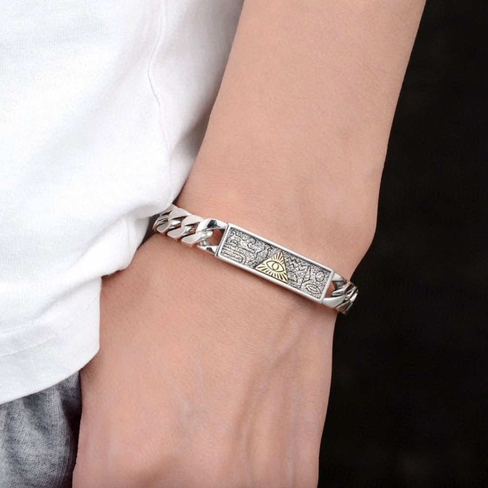 Men's Sterling Silver All-Seeing-Eye Curb Chain Bracelet