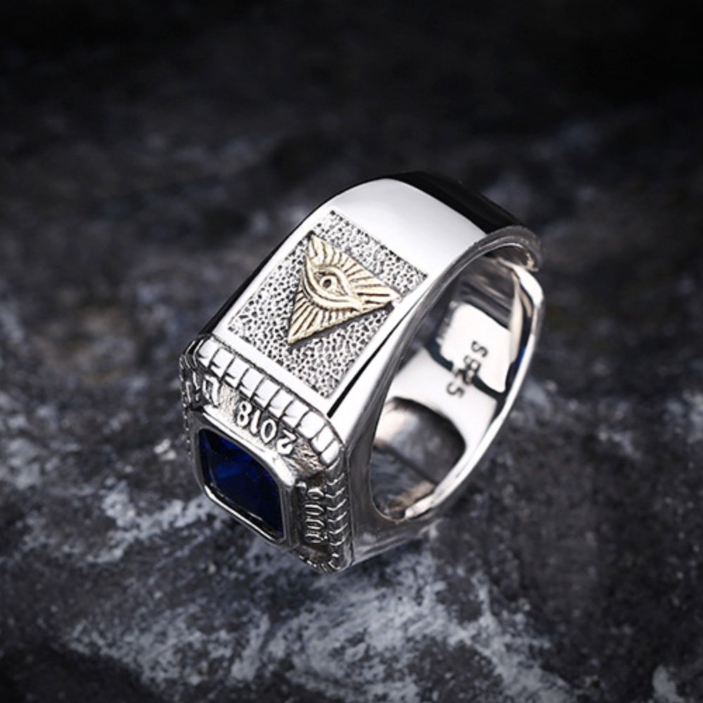 Men's Sterling Silver All Seeing Eye Blue Crystal Ring