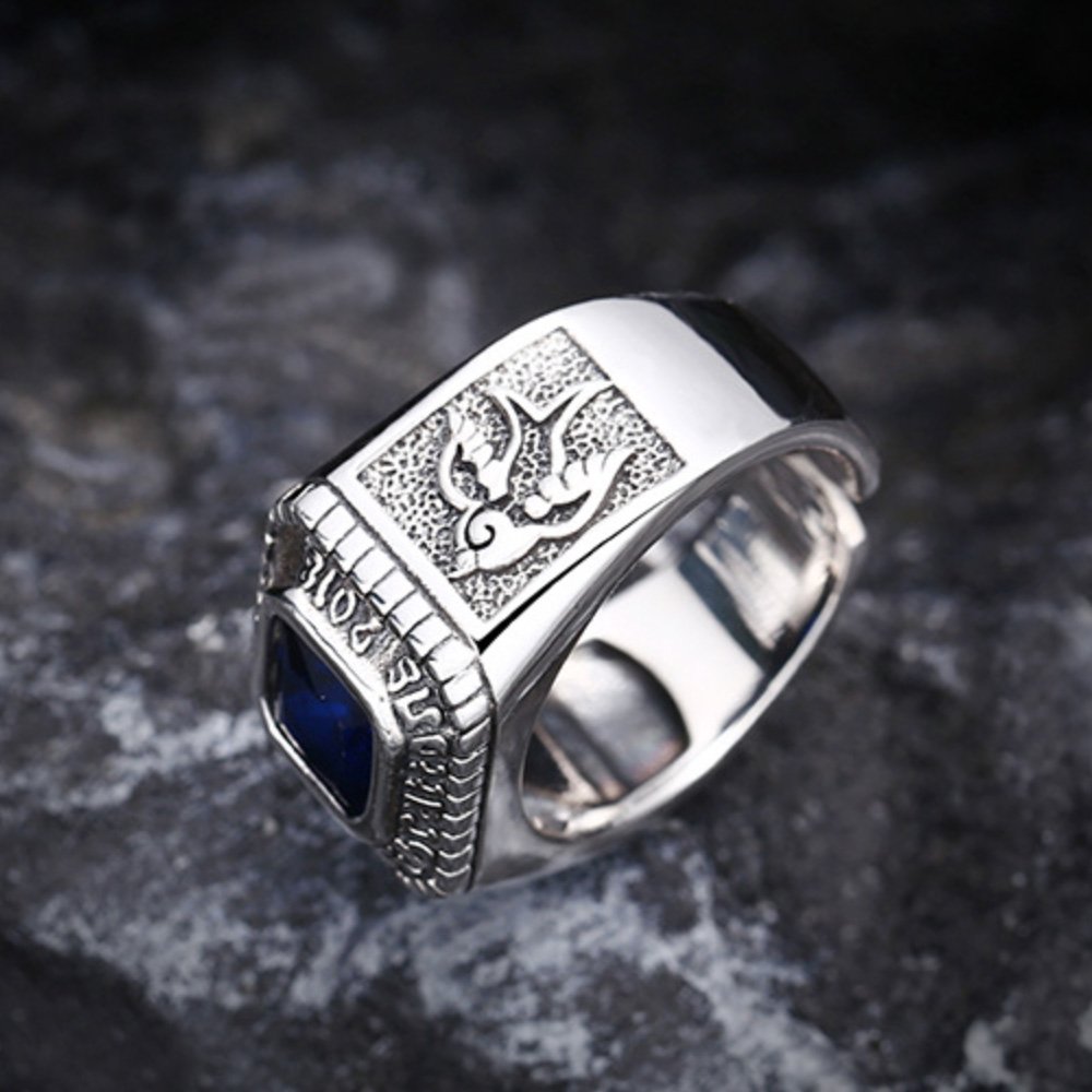 Men's Sterling Silver All Seeing Eye Blue Crystal Ring