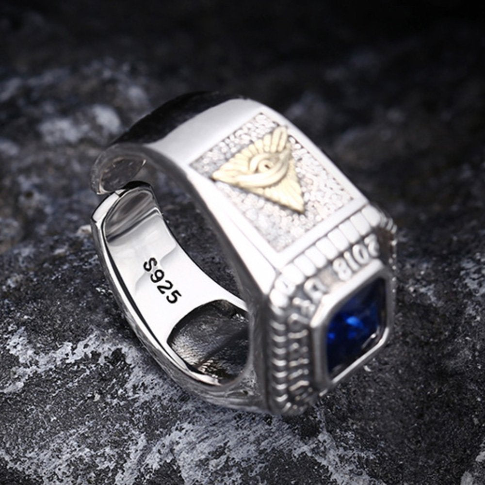 Men's Sterling Silver All Seeing Eye Blue Crystal Ring