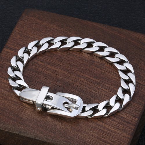 Men's Sterling Silver Belt Buckle Curb Chain Bracelet