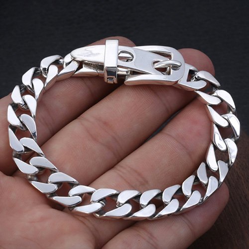 Men's Sterling Silver Belt Buckle Curb Chain Bracelet