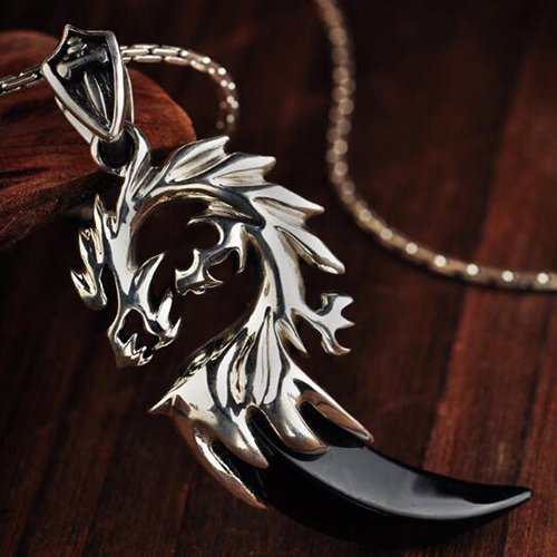 Men's Sterling Silver Black Agate Dragon Necklace