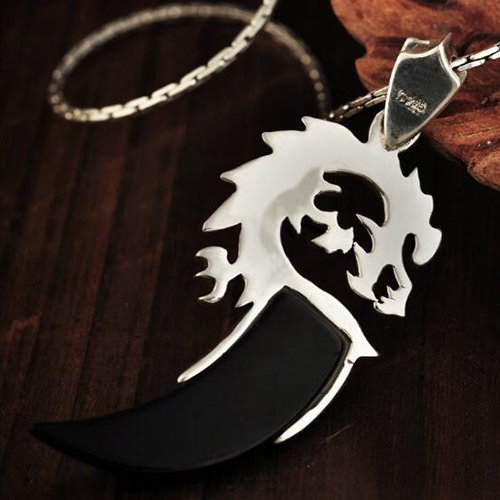 Men's Sterling Silver Black Agate Dragon Necklace