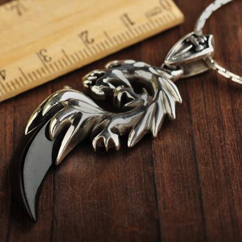 Men's Sterling Silver Black Agate Dragon Necklace