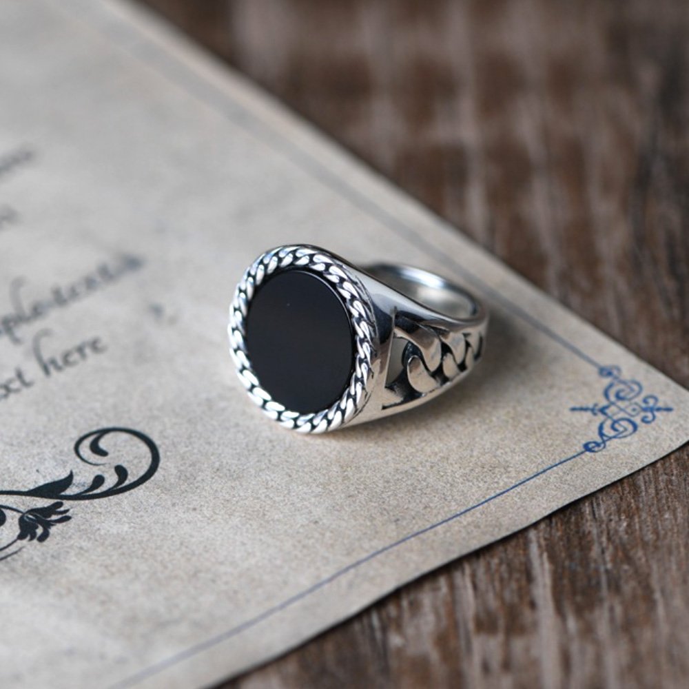 Men's Sterling Silver Black Agate Signet Ring