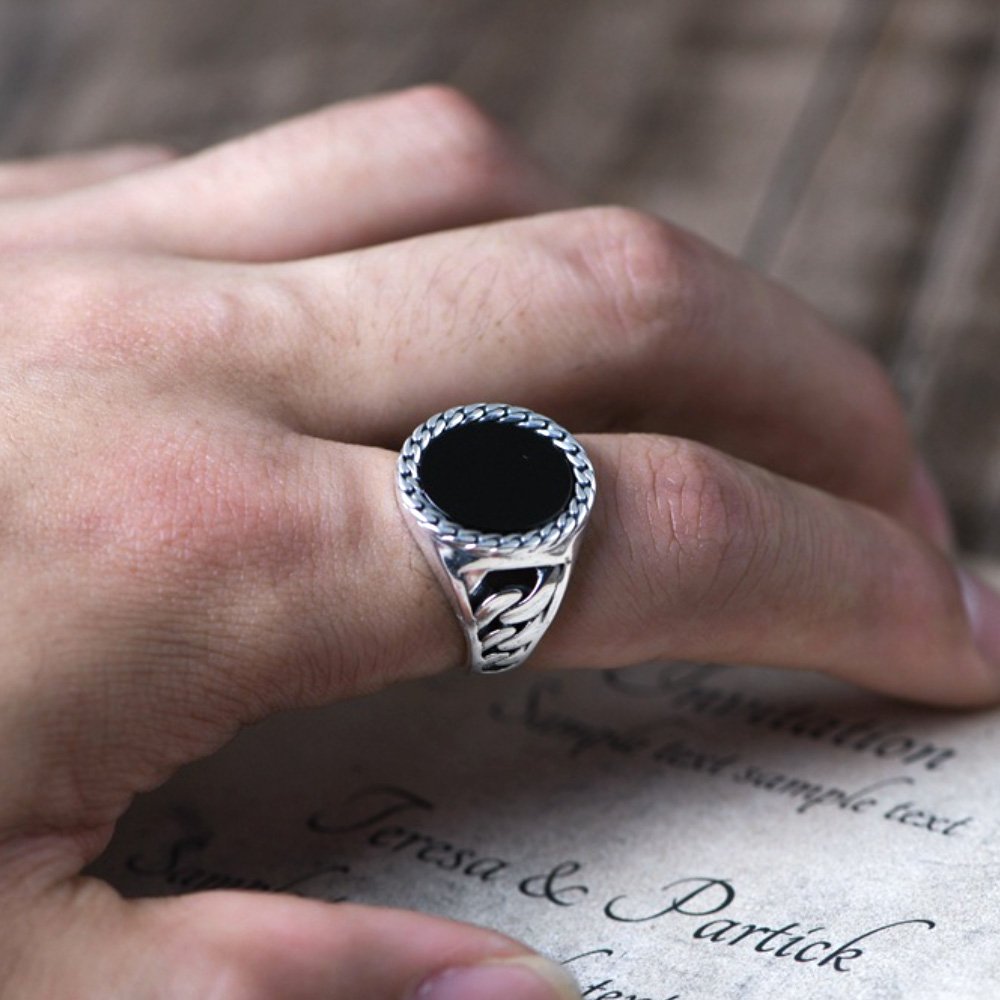 Men's Sterling Silver Black Agate Signet Ring