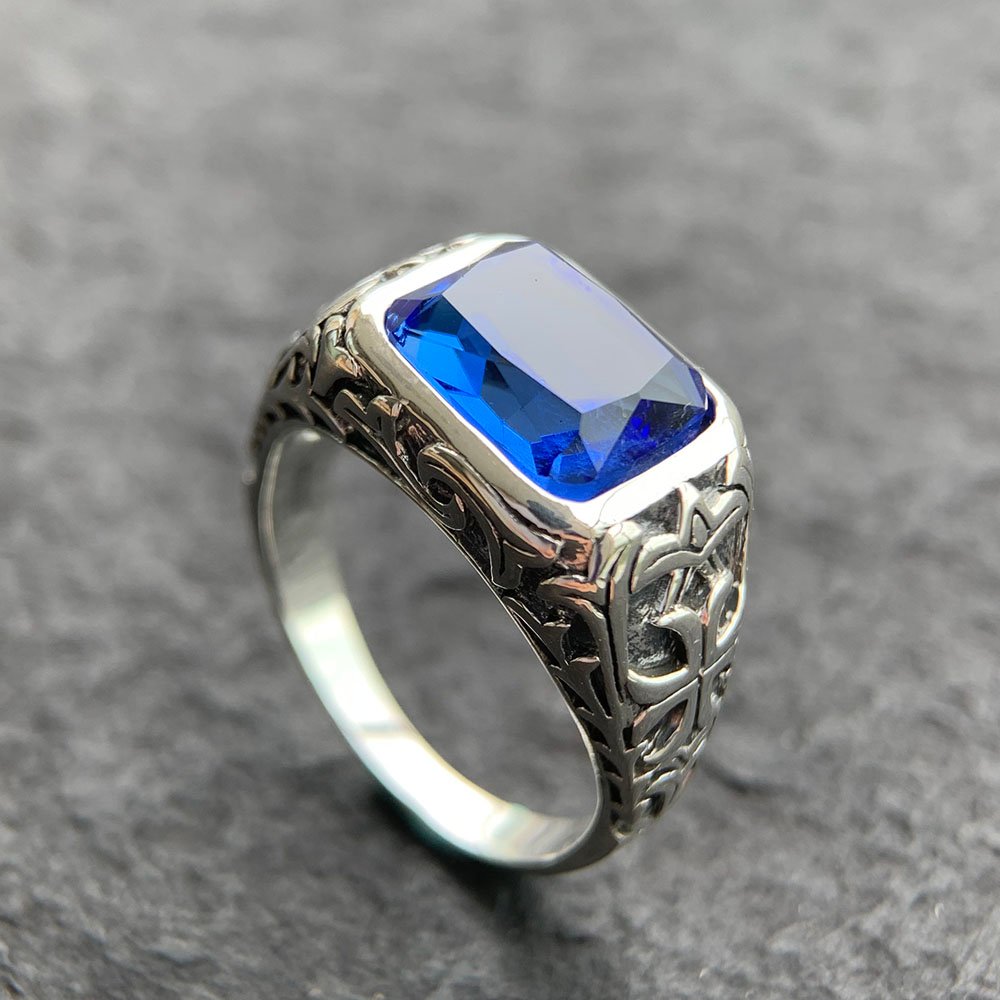 Men's Sterling Silver Blue Crystal Ring