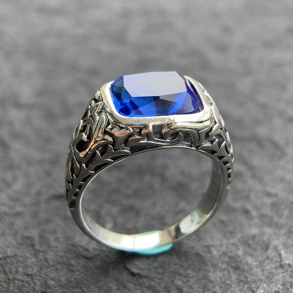 Men's Sterling Silver Blue Crystal Ring