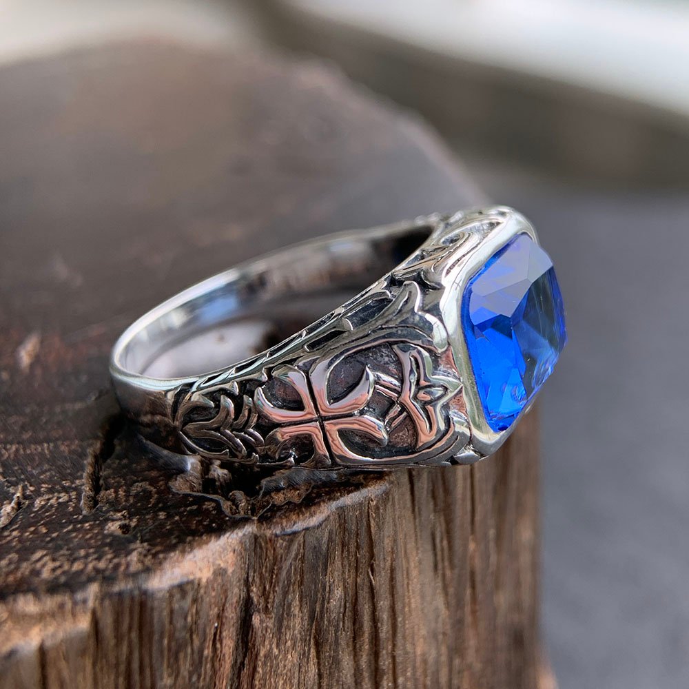 Men's Sterling Silver Blue Crystal Ring