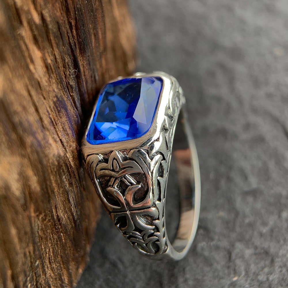 Men's Sterling Silver Blue Crystal Ring