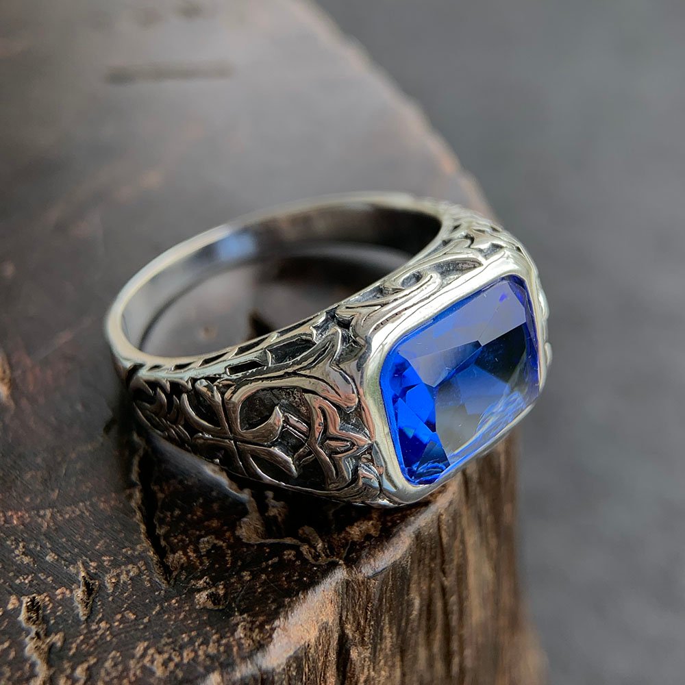 Men's Sterling Silver Blue Crystal Ring