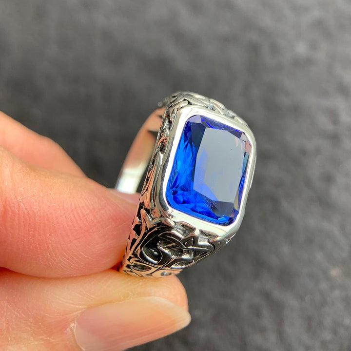 Men's Sterling Silver Blue Crystal Ring