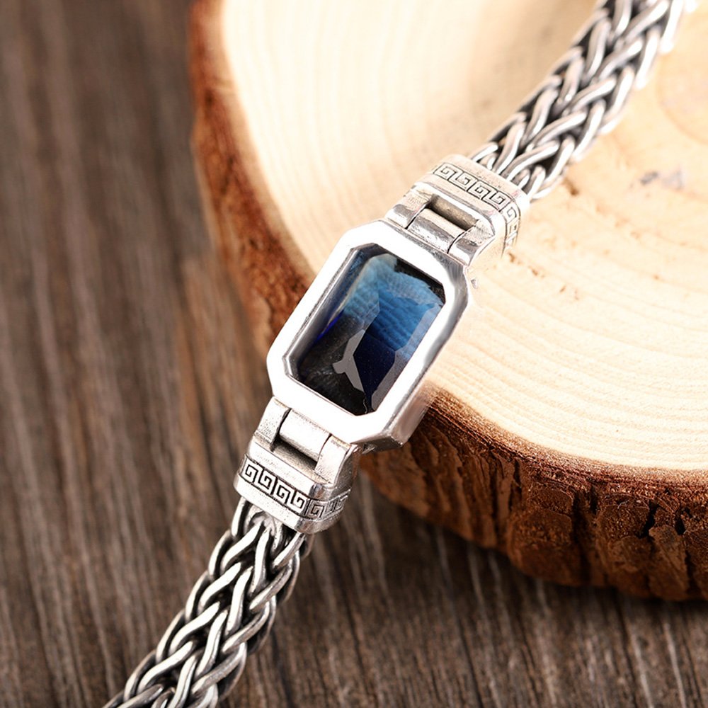 Men's Sterling Silver Blue Zircon Braided Bracelet