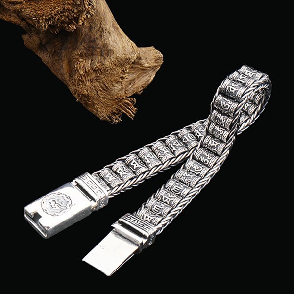 Men's Sterling Silver Buddhist Prayer Wheels Bracelet