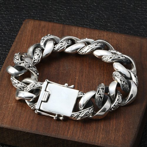 Men's Sterling Silver Carved Curb Chain Bracelet