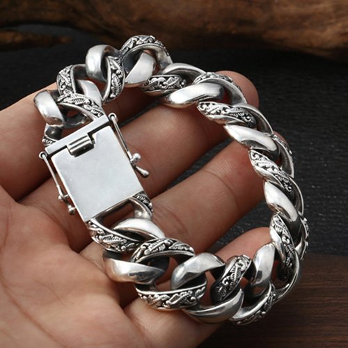 Men's Sterling Silver Carved Curb Chain Bracelet