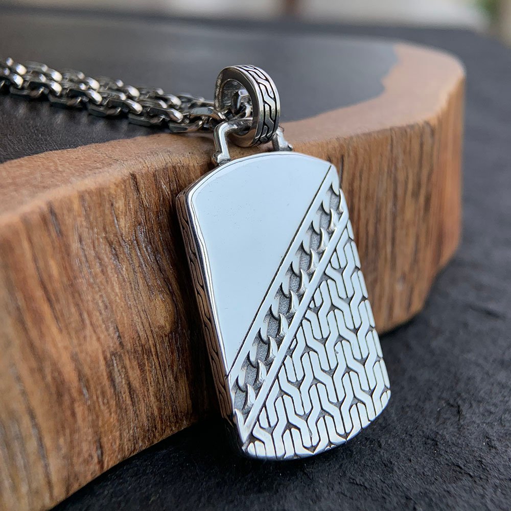 Men s Sterling Silver Chain Pattern Tag Necklace
