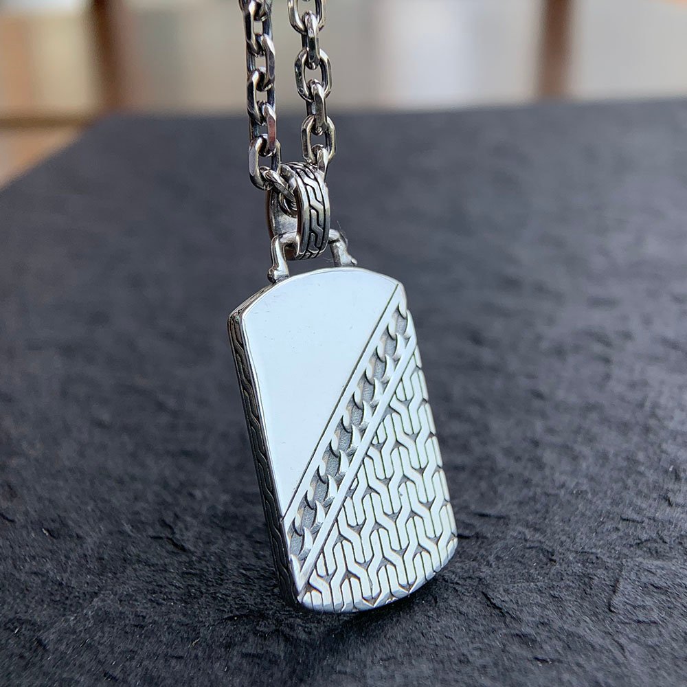 Men's Sterling Silver Chain Pattern Tag Necklace