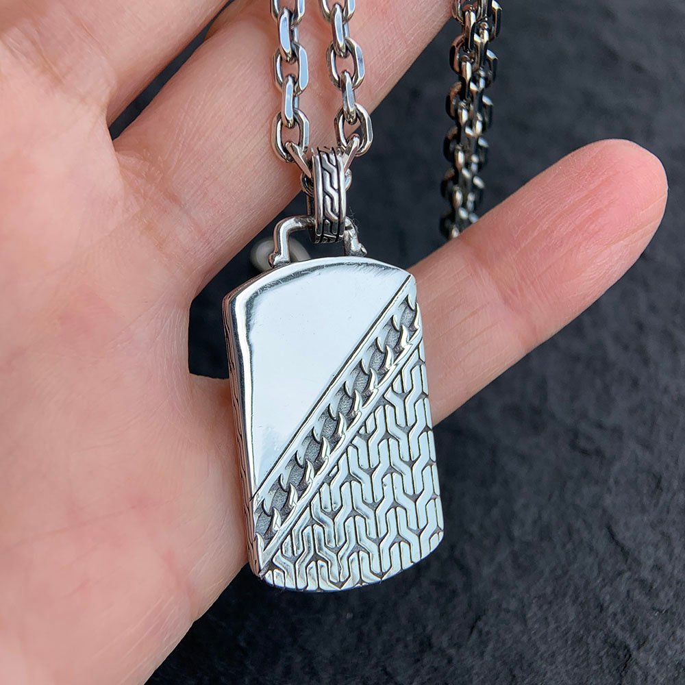 Men's Sterling Silver Chain Pattern Tag Necklace