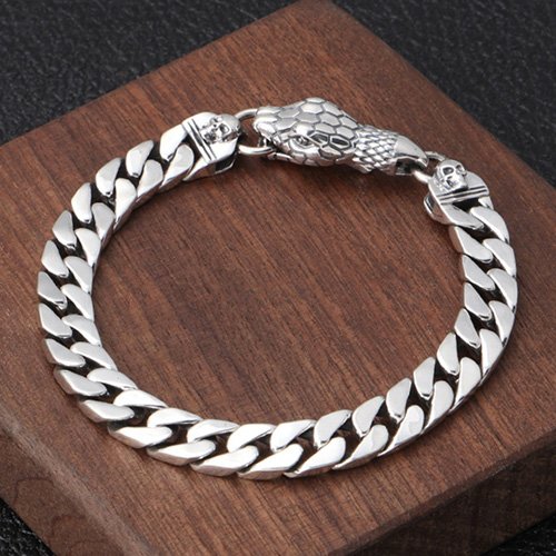 Men's Sterling Silver Cobra Skulls Curb Chain Bracelet