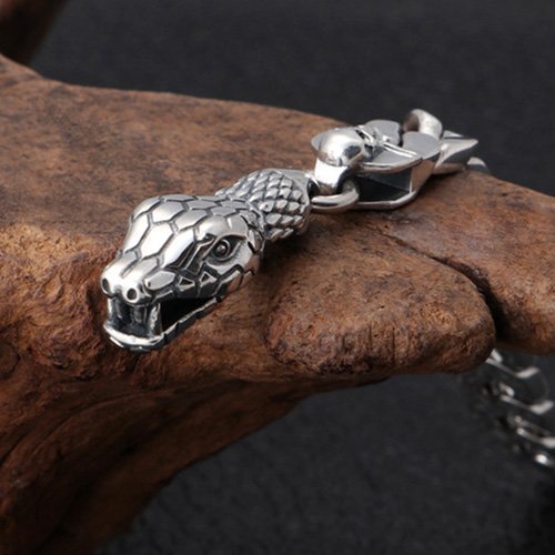 Men's Sterling Silver Cobra Skulls Curb Chain Bracelet