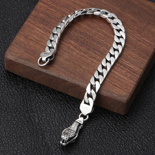 Men's Sterling Silver Cobra Skulls Curb Chain Bracelet