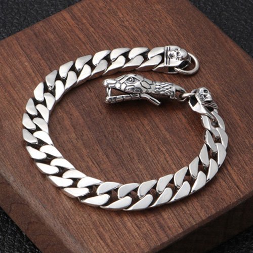 Men's Sterling Silver Cobra Skulls Curb Chain Bracelet