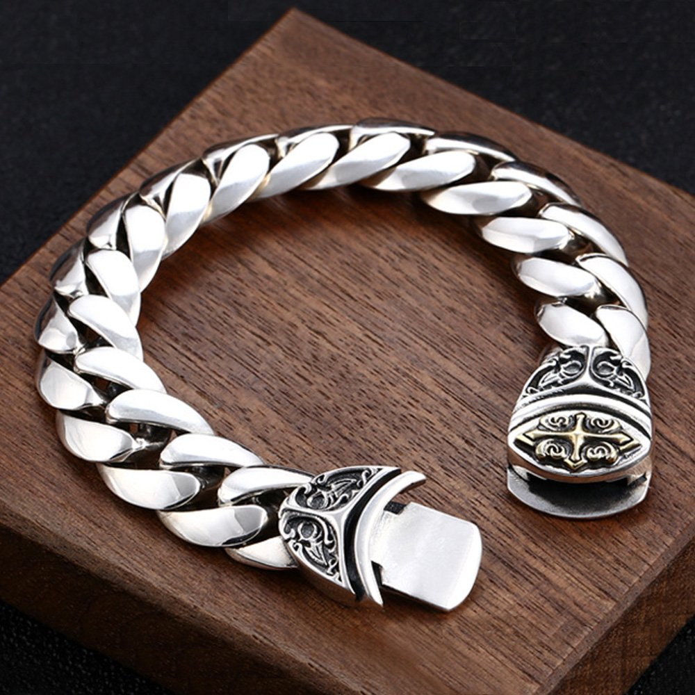 Men's Sterling Silver Cross Clasp Cuban Chain Bracelet