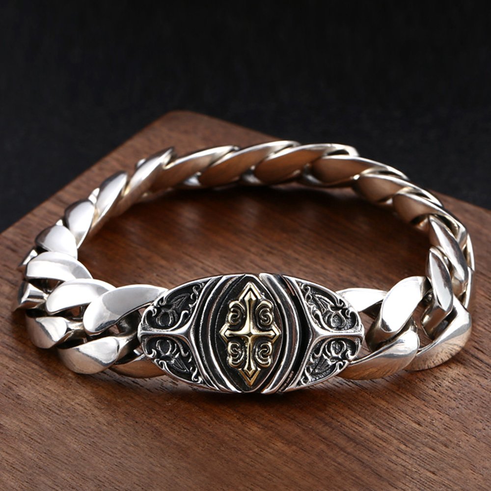Men's Sterling Silver Cross Clasp Cuban Chain Bracelet