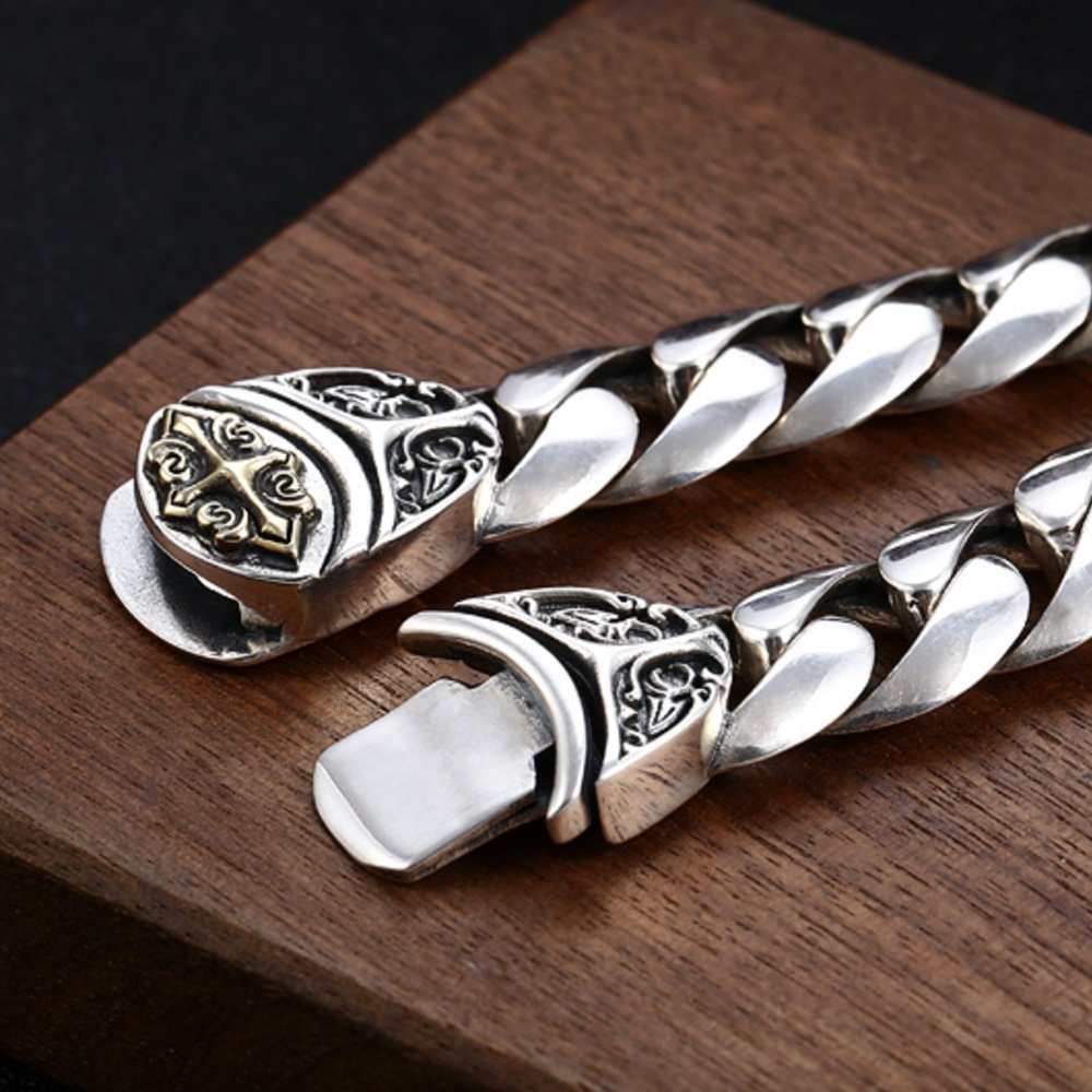 Men's Sterling Silver Cross Clasp Cuban Chain Bracelet