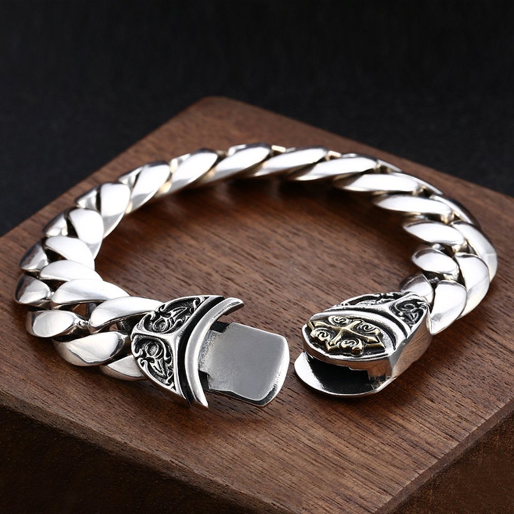 Men's Sterling Silver Cross Clasp Cuban Chain Bracelet