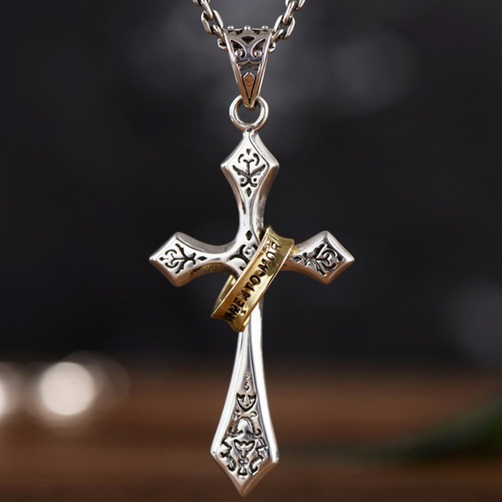 Men's Sterling Silver Lord's Prayer Cross Halo Pendant Necklace