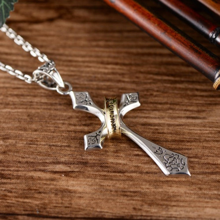 Men's Sterling Silver Lord's Prayer Cross Halo Pendant Necklace