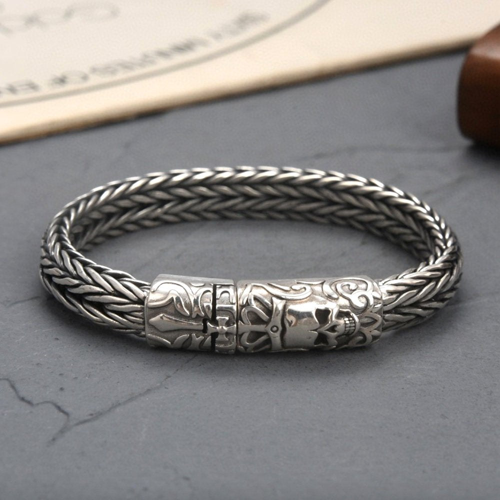 Mens Sterling Silver Crowned Skull Clasp Braided Bracelet -Jewelry1000