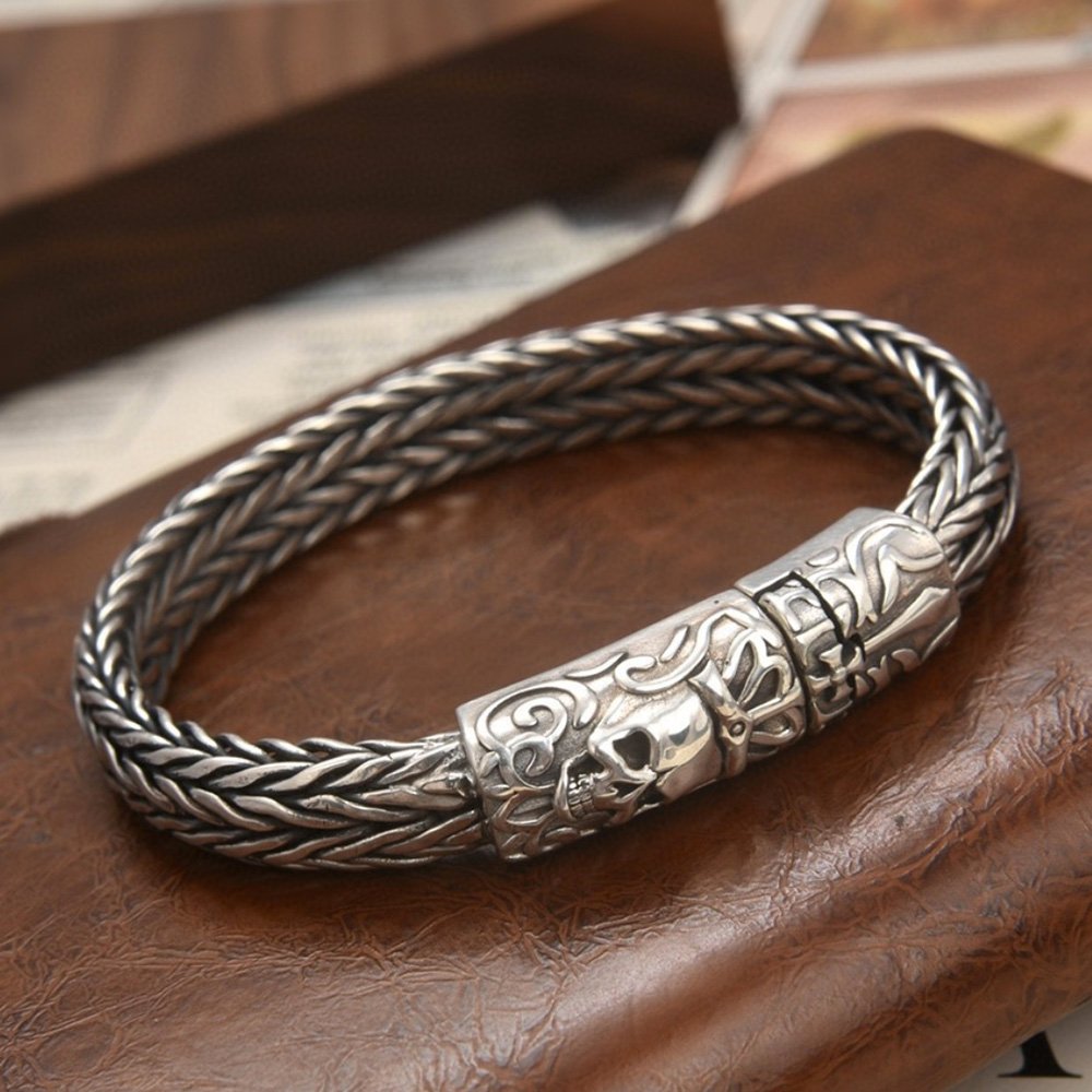 Men's Sterling Silver Crowned Skull Clasp Braided Bracelet