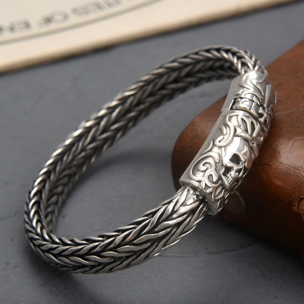 Men's Sterling Silver Crowned Skull Clasp Braided Bracelet